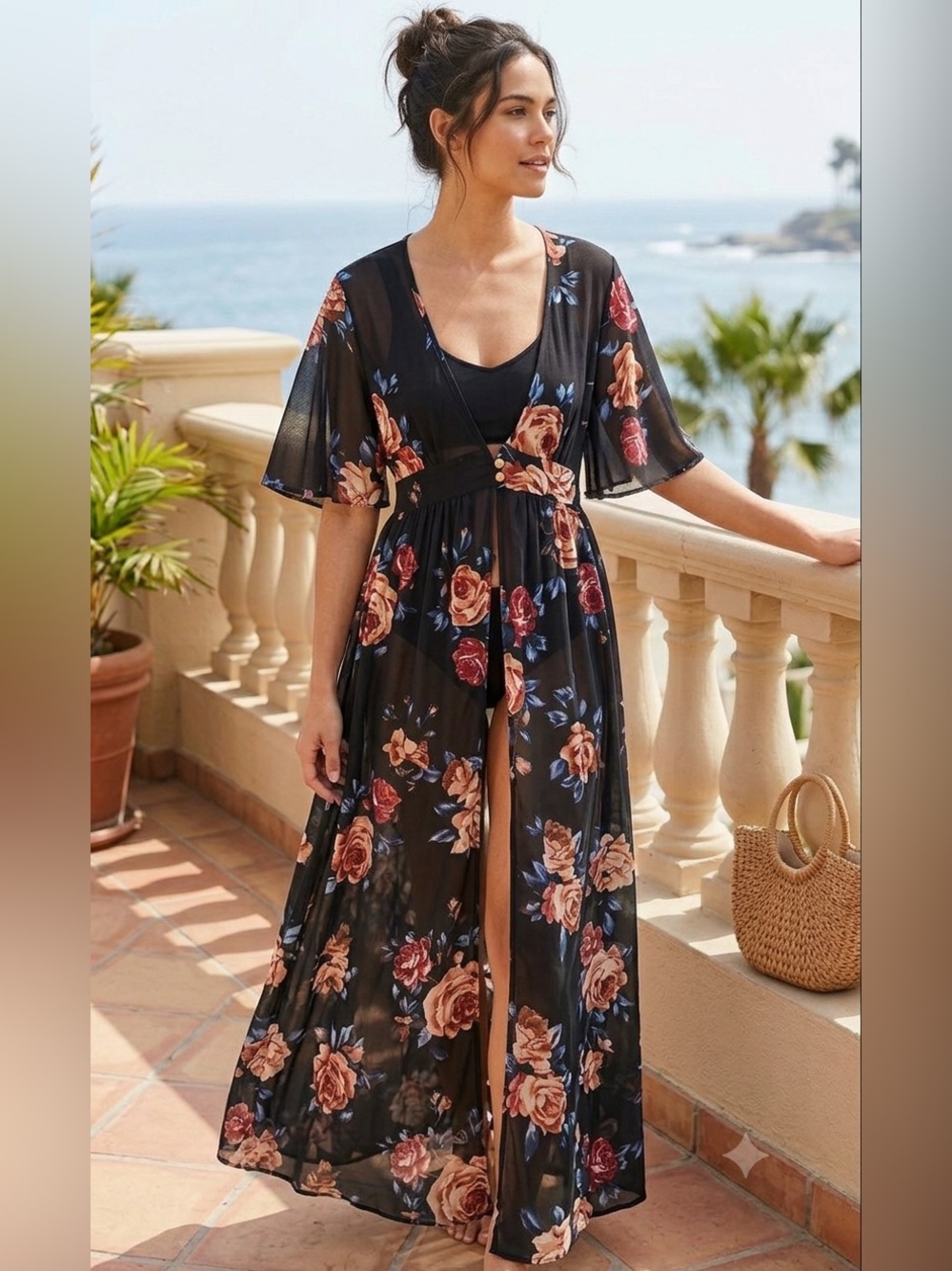 LIFE Sheer Stretch Floral Hi Low Topper Large  duster cover up resort beach chic